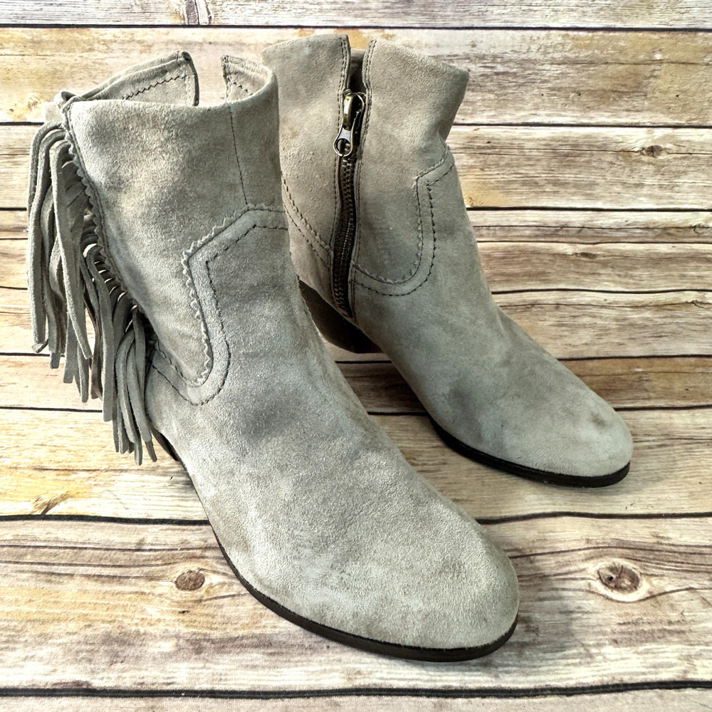 Sam Edelman Womens Sand Taupe Suede Fringed Stacked Heel Louie Ankle Boots 8M